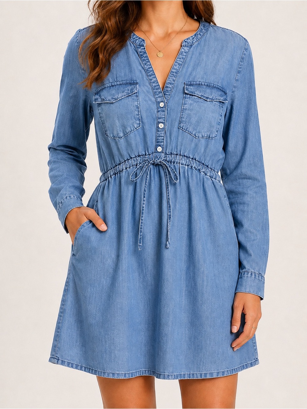 GAP Light Blue Chambray Button-Front Drawstring Dress S 100% Lyocell maternity